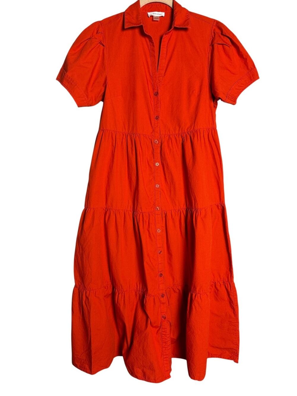 Calvin Klein Womens 2 Orange Cotton Tiered Midi Shirt Dress Puff Sleeve